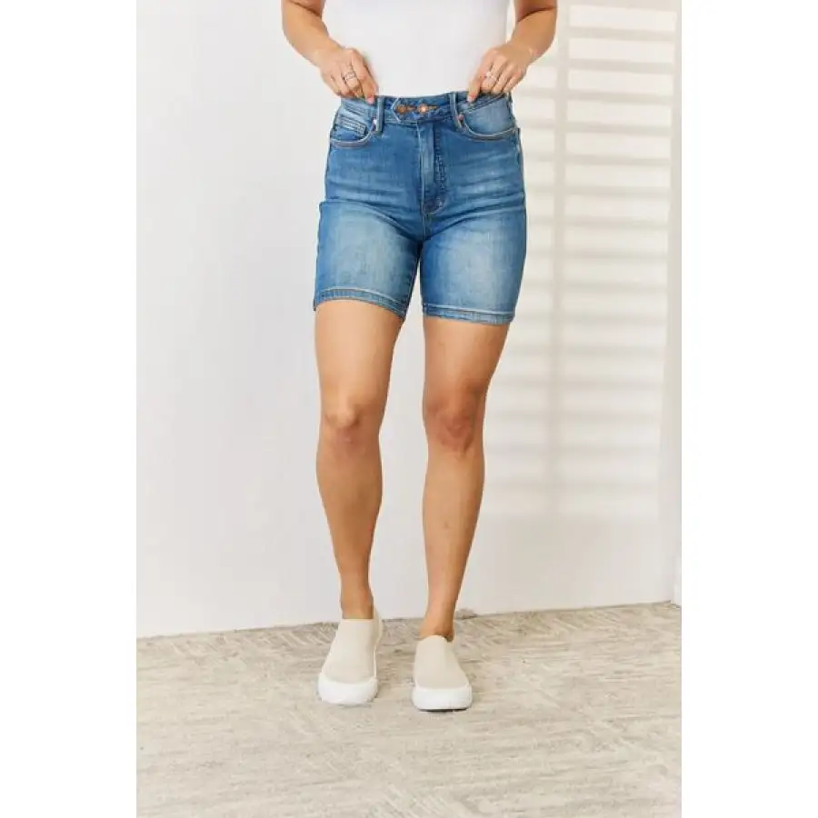 Full Size Tummy Control Double Button Bermuda Denim Shorts