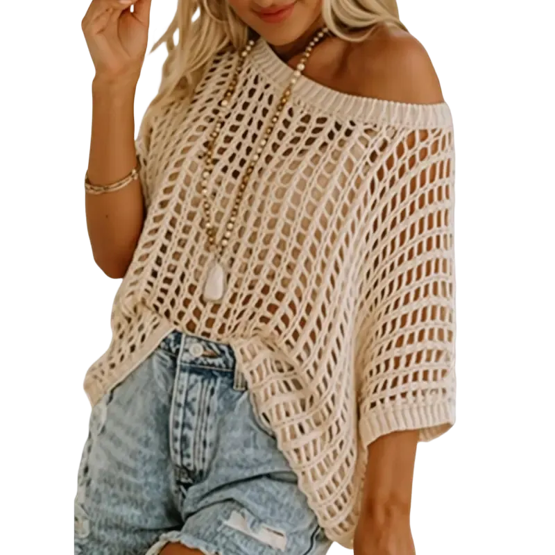 Women's Summer Scoop Neck Short Sleeve Sweater Casual Crochet Hollow Out Knit Tops Pullover Shirts Beach Coverup
