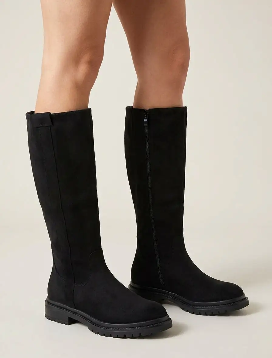 Modern Lug Sole Block Heel Faux Suede Knee High Boots