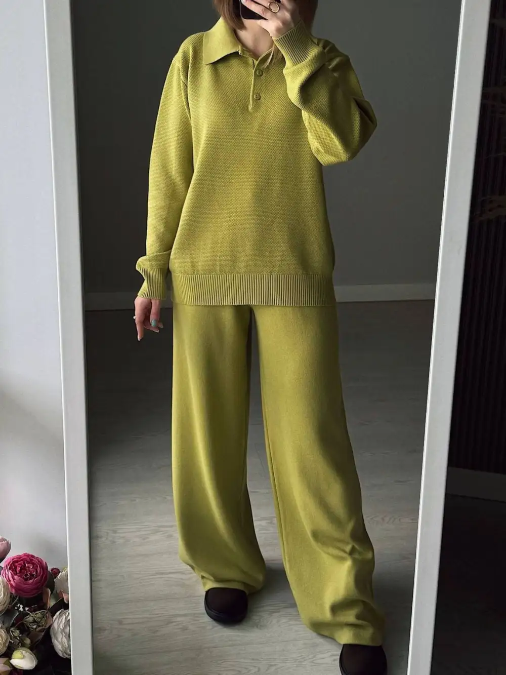 Polo Collar Top and Pants Or Skirt Knit Set