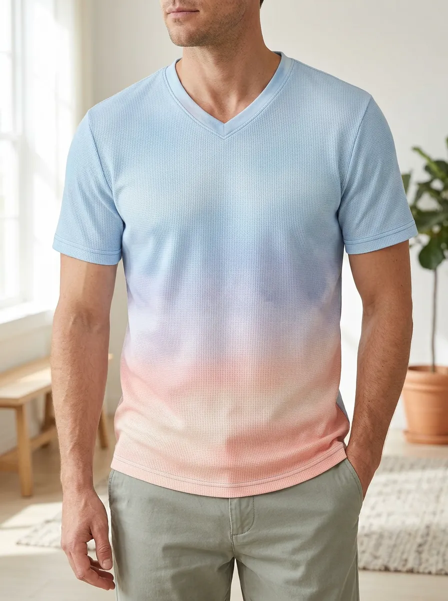 Men's Casual Summer Ombre Waffle Knit Printed V-Neck T-Shirt