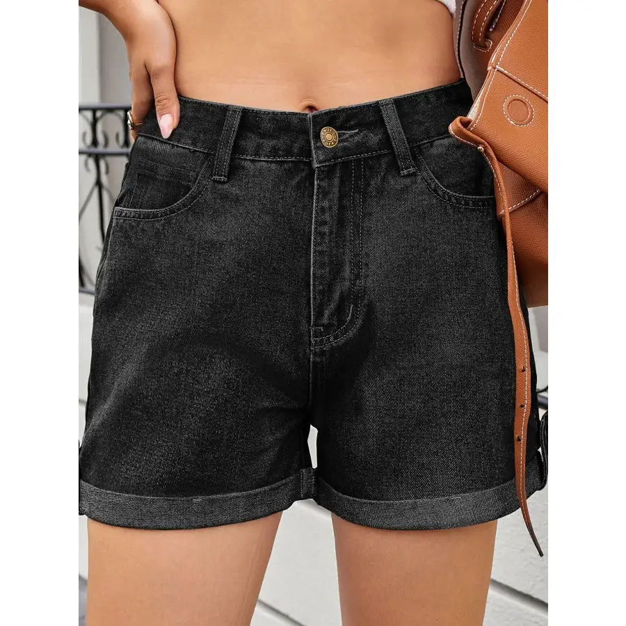 Buttoned Rolled Hem High Waist Pocketed Shorts