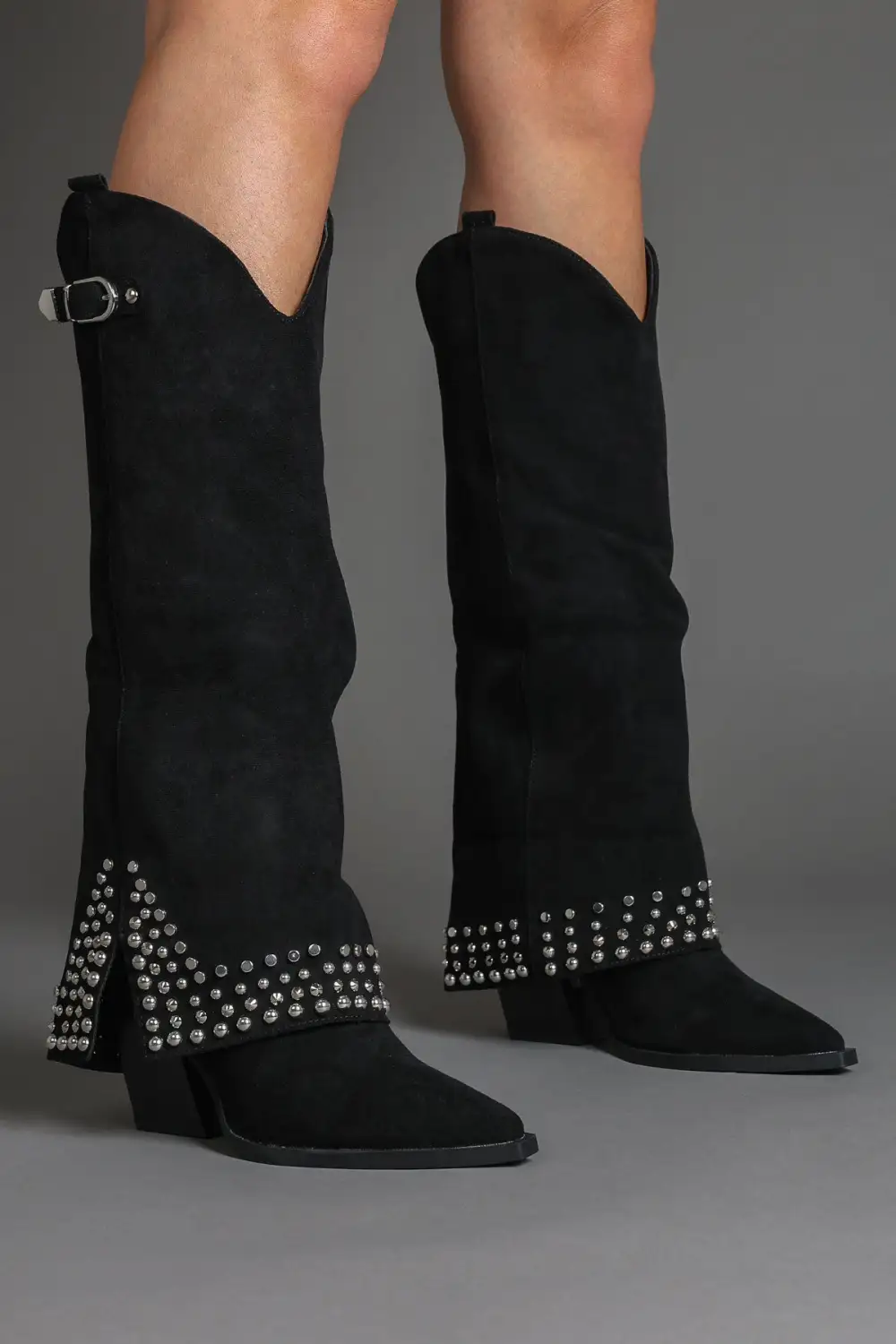 Refined Western Slouch Fold-Over Studded Knee High Boots