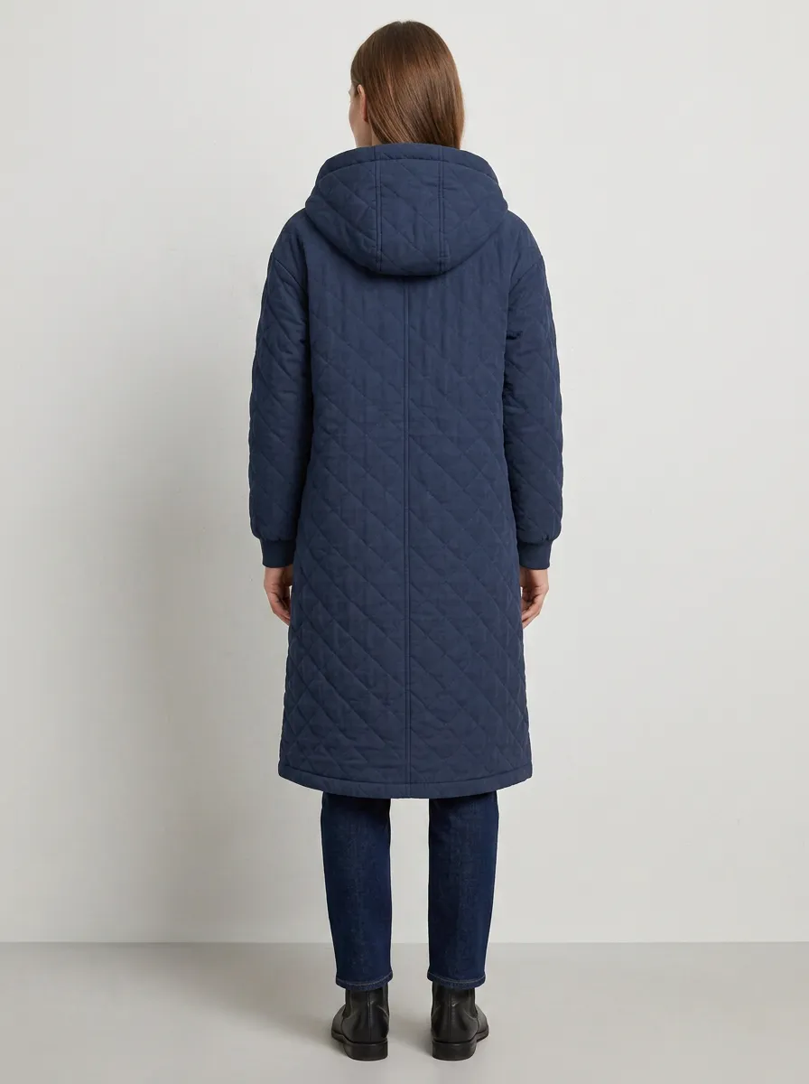 City Printed Quilted Long Hooded Coat