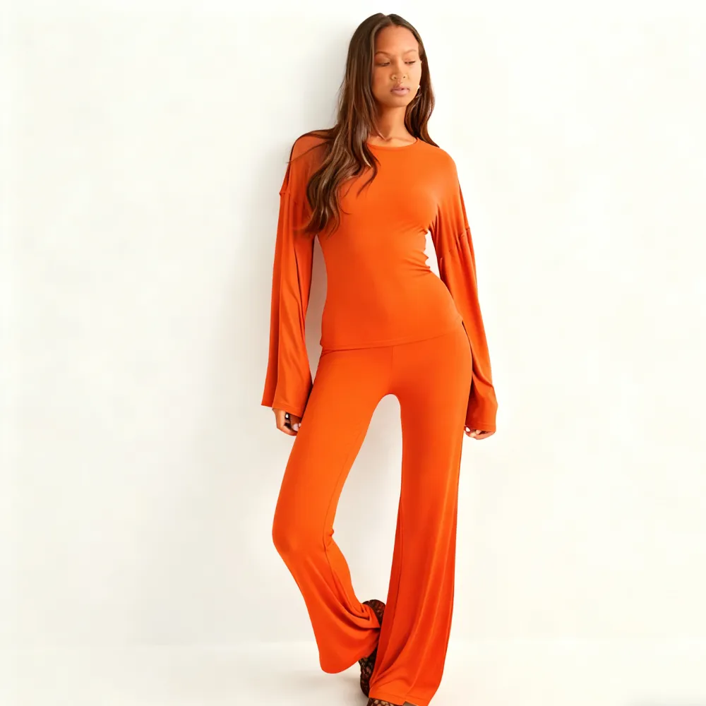 Women's Fall New Round Neck Flare Long Sleeve Top & Elastic Waist Straight Leg Pants Set
