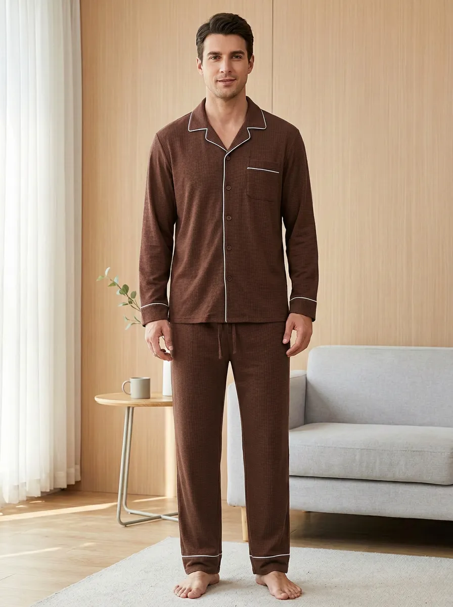 Classic Button-Down Waffle-Texture Men's Pajama Set