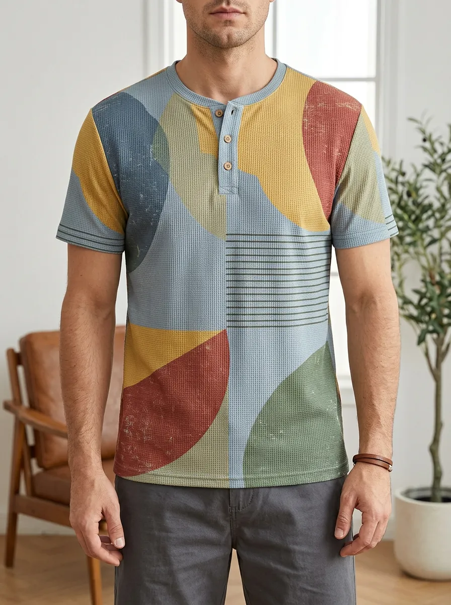 Men's Casual Abstract Geometric Waffle Knit Henley T-Shirt