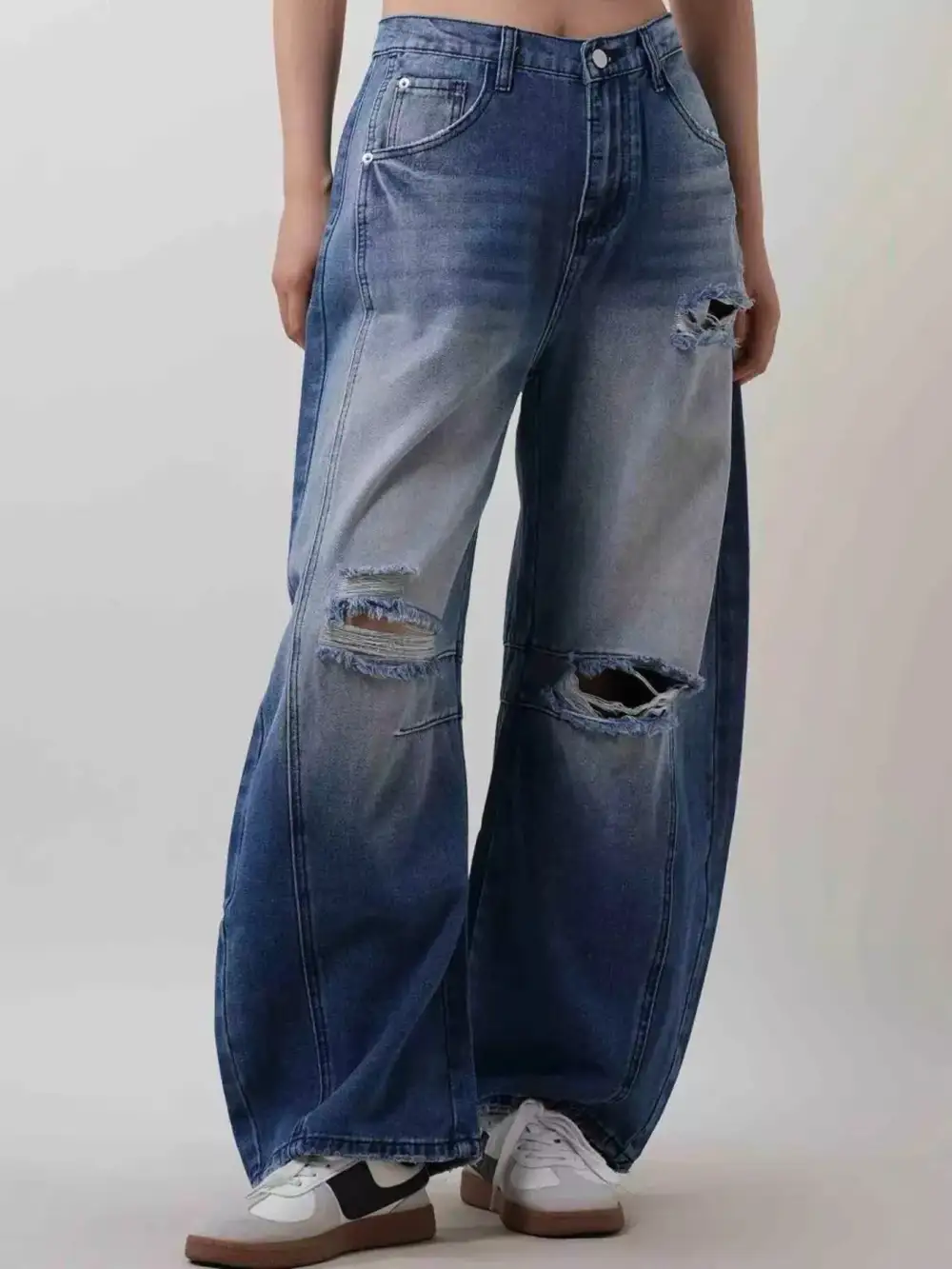 Contoured Wide Leg Distressed Denim Jeans