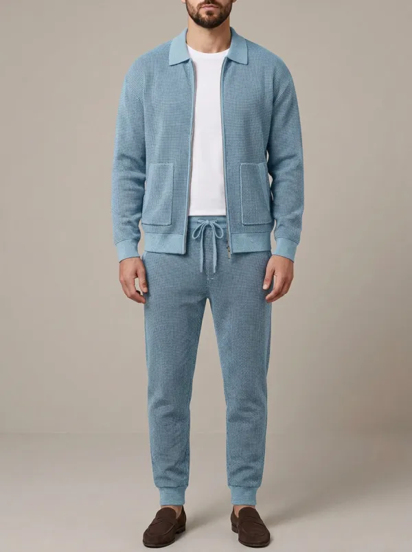 Men's Contemporary Houndstooth Polo Collar Jacket and Jogger Pants Set