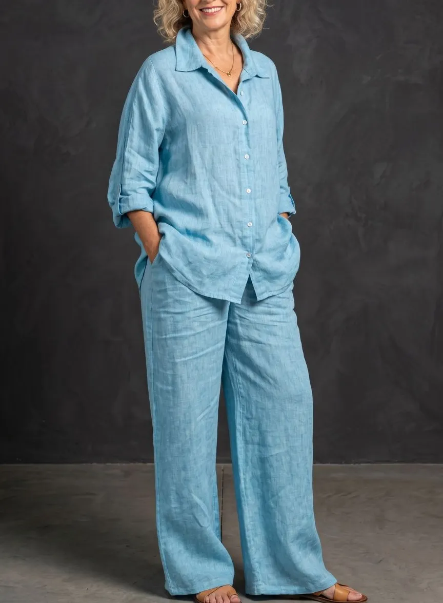 Casual Cozy Breathable Shirt and Wide Leg Pants Outfit