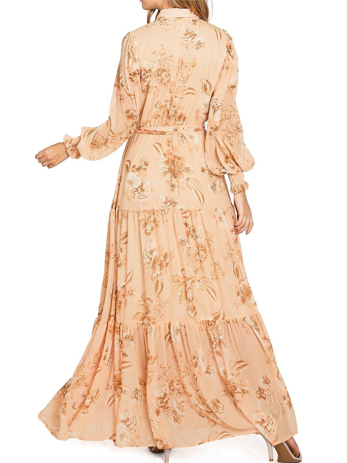 Apricot Floral Long - Sleeve Maxi Dress
