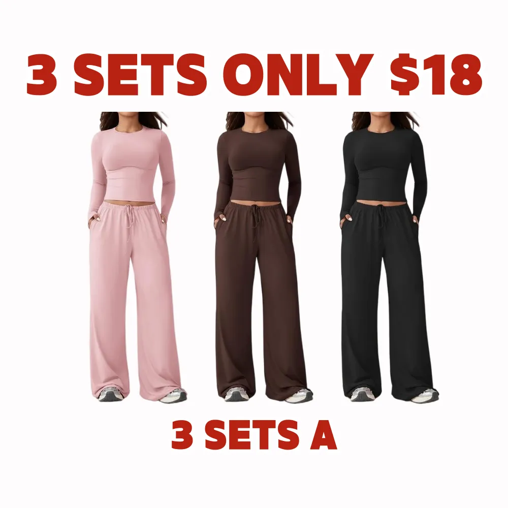 Women's 2-Piece Activewear Set Long-Sleeve Crop Top & Wide-Leg Pants Stretchy Fabric for Yoga