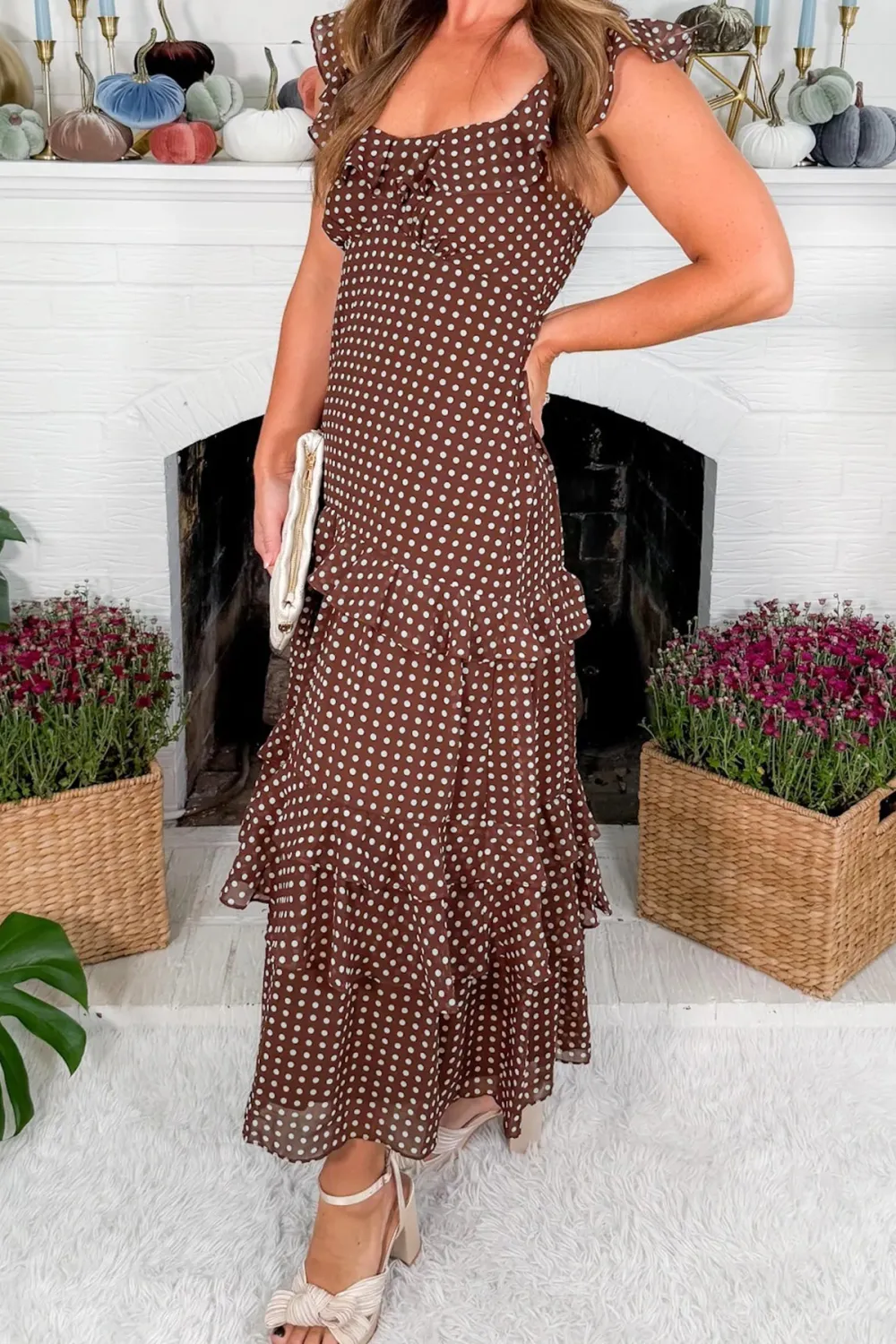 Coffee Polka Dot Print Backless Ruffled Tiered Maxi Dress