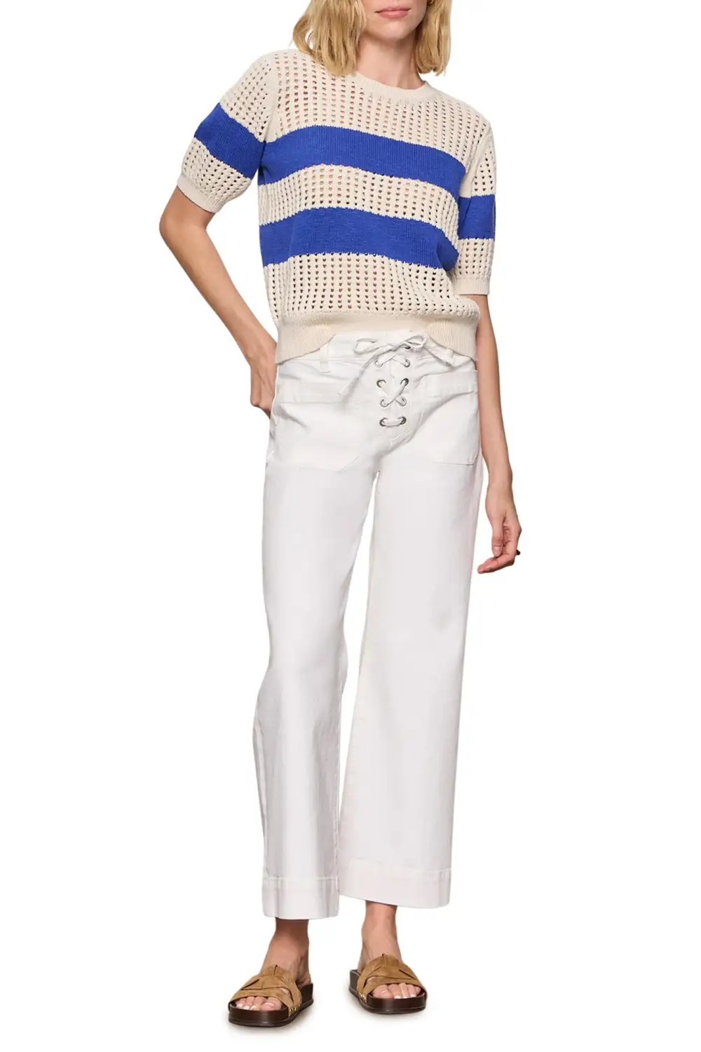 Striped Openwork Cropped Relaxed Tee