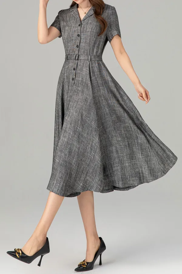 Refined Linen Cotton A Line Swing Notched Collar Short Sleeve Midi Dress