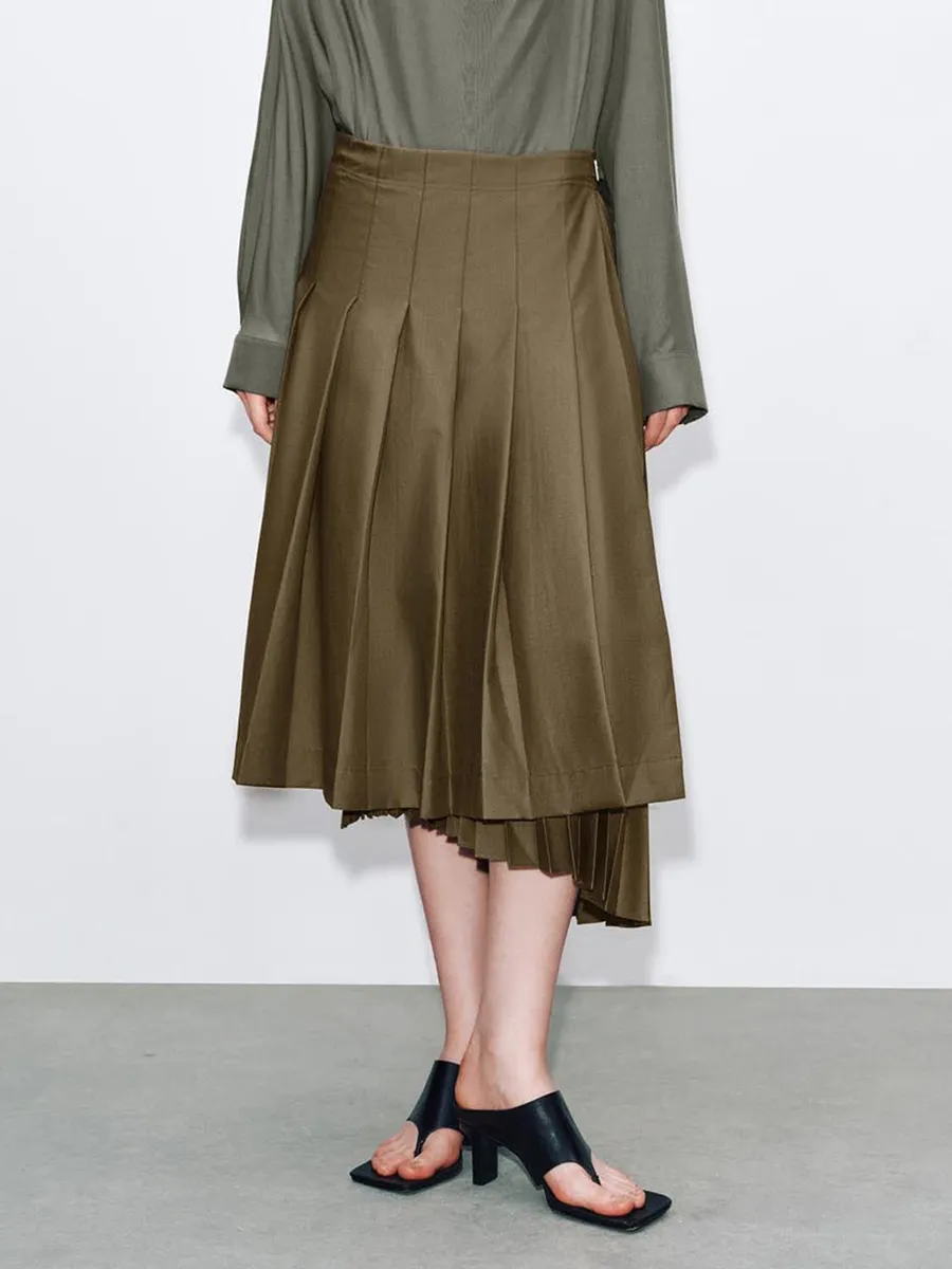 Ladies Khaki Green Irregular Commuter Pleated Long Dress