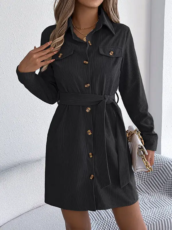 Elasticated Waist Long Sleeve Belted Buttoned Single Breasted Solid Color Lapel