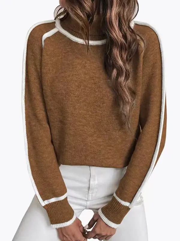 Paneled High Neck Long Sleeve Relaxed Fit Sweater