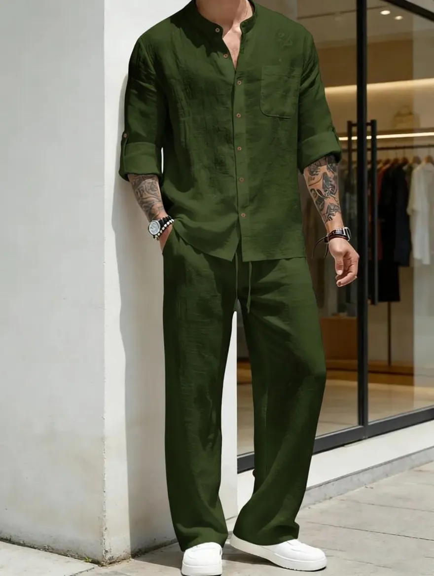 Men's Linen Stand Collar Long Sleeve Casual Suit