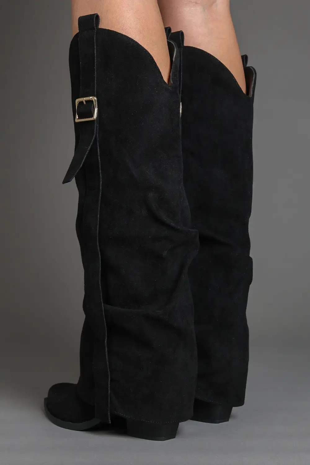 Refined Western Slouch Fold-Over Buckle Detail Knee High Boots