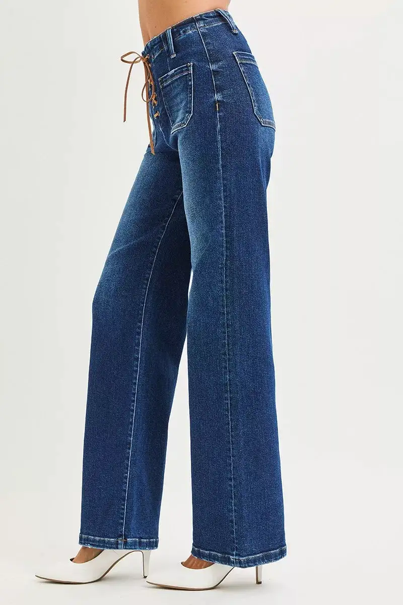 High Rise Front Tie Wide Leg Jeans