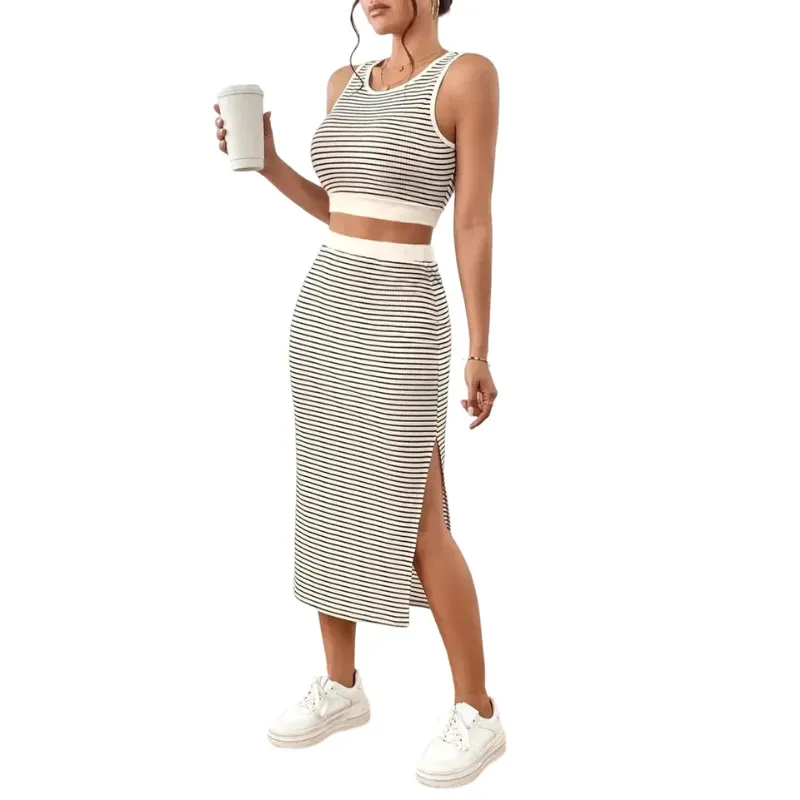Women's Striped Print Crop Top & Skirt Two-Piece Set