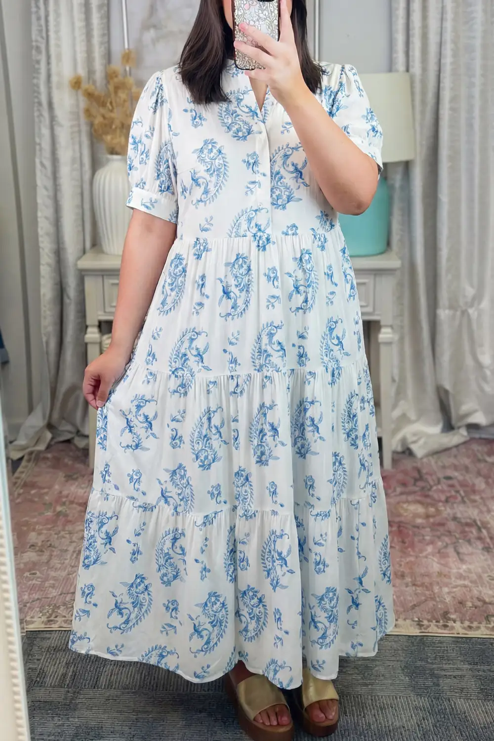 Floral Geometric Print Split Neck Maxi Dress