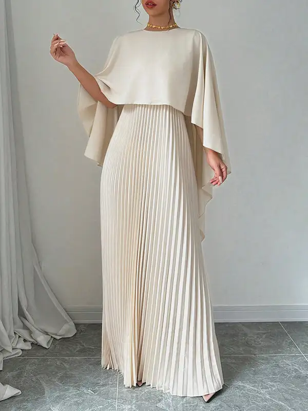 Versatile High Low Pleated Cape Maxi Dress