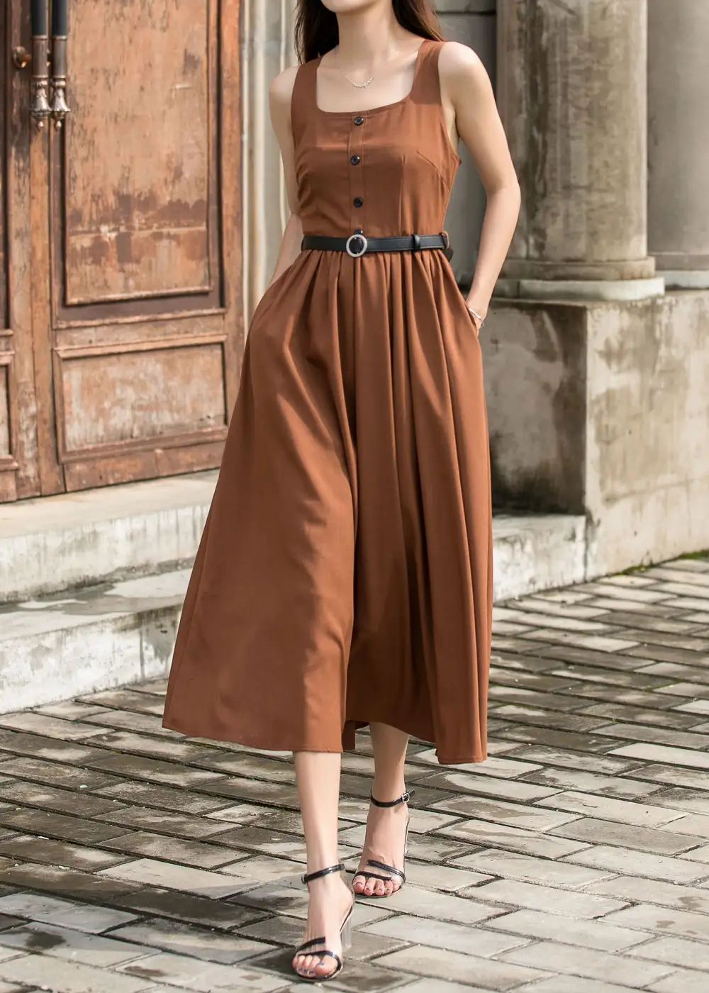 Polyester Pinafore Pleated Midi Dress