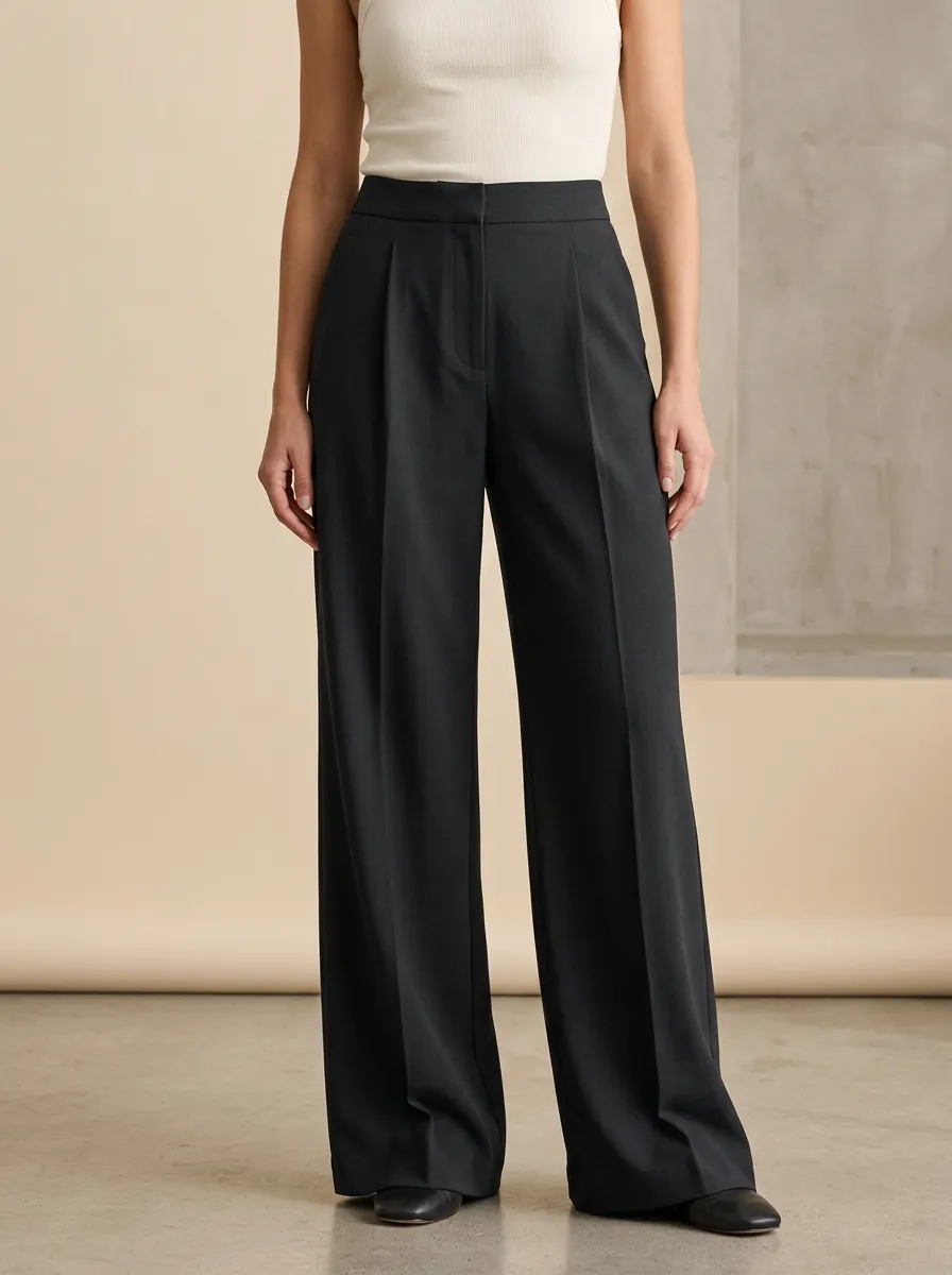Relaxed Wide-Leg Pleated Solid Women's Wide-Leg Pants