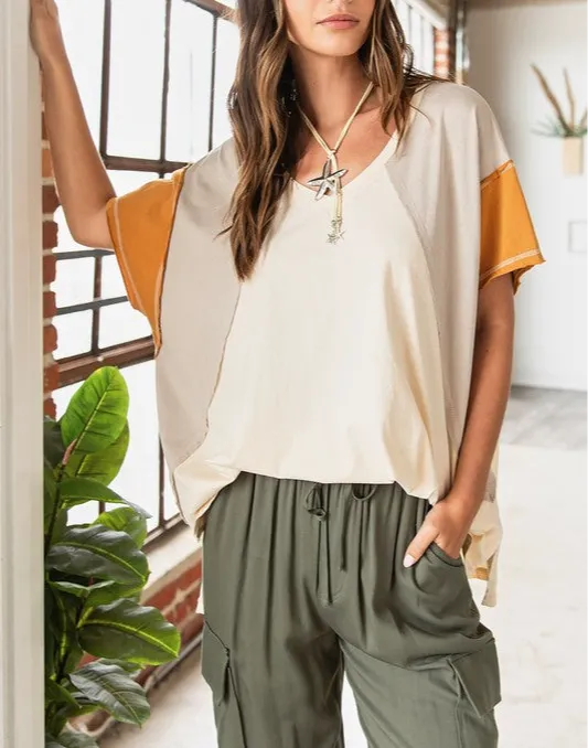 V-Neck Short-Sleeve Contrast Colorblock T-Shirt
