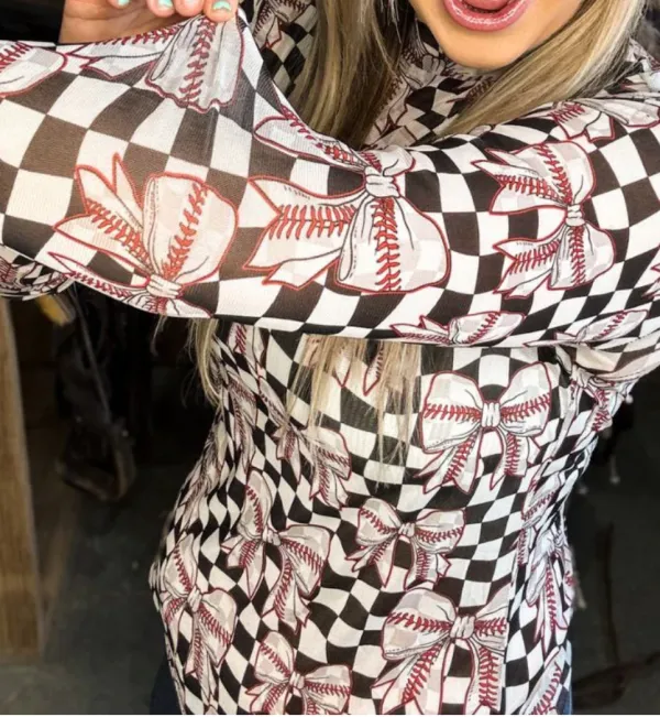 Checkered Baseball Bow Detail Mesh Top