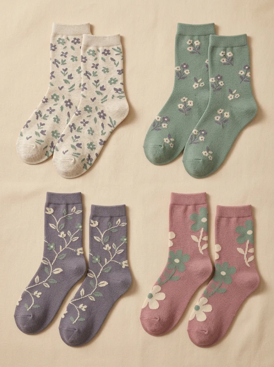 Women's Floral Vine Botanical Ribbed Crew Socks Four Pair Set