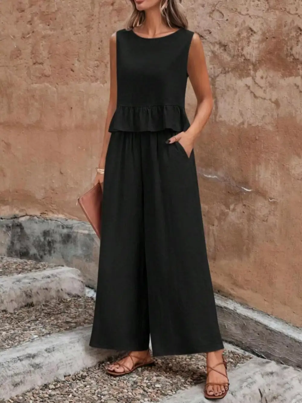 Sleeveless Ruffle Hem Top and Wide Leg Pants Two