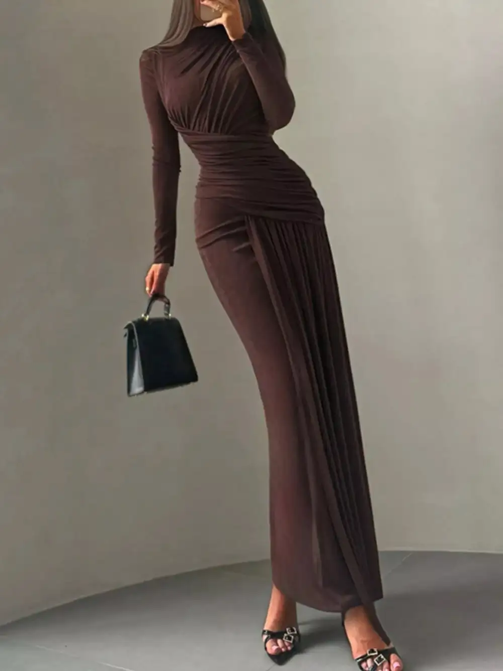 Polished Detail Ruched Long Sleeve Maxi Dress