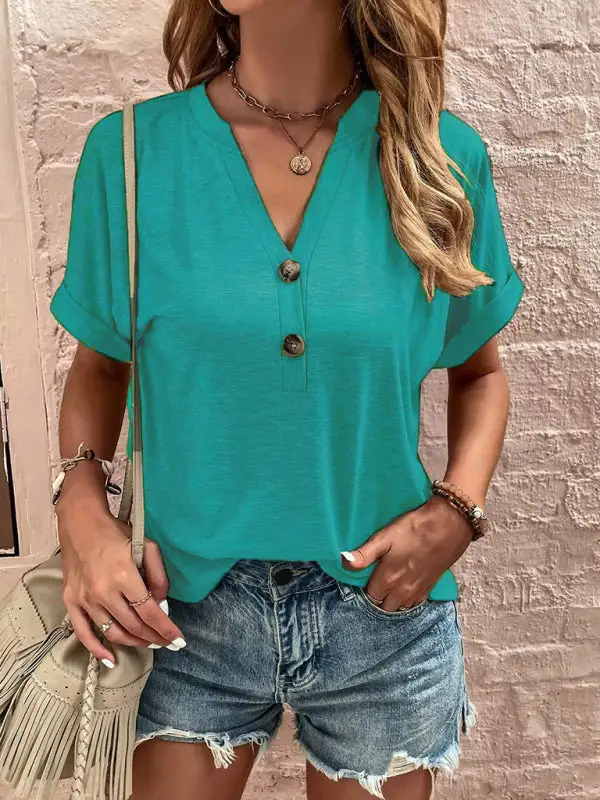 Refined V-Neck Collared Short-Sleeve Button-Detail T-Shirt