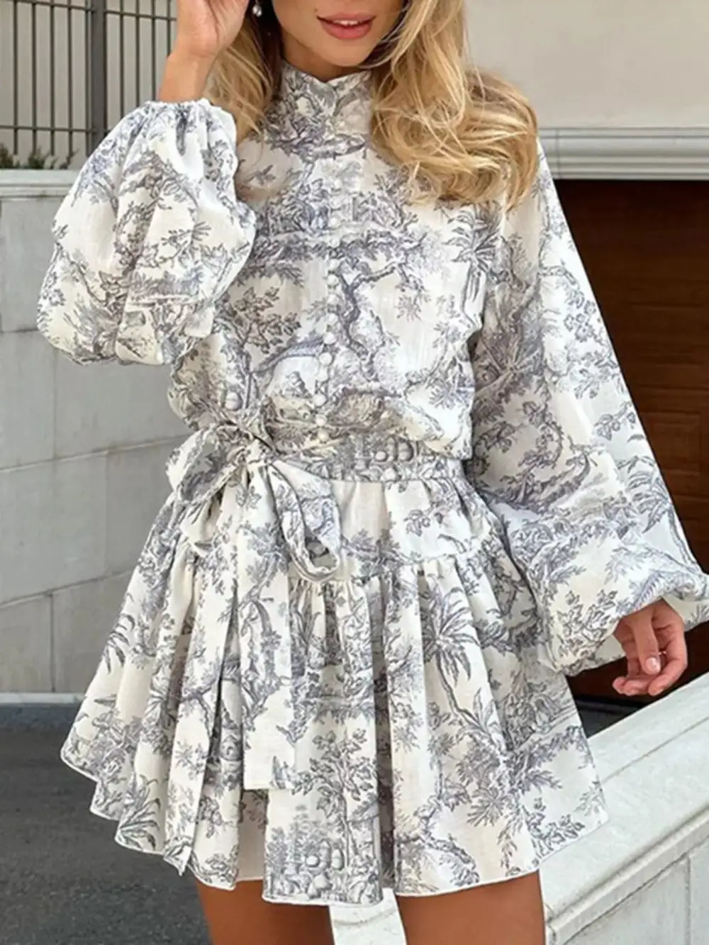 Layered Detail Printed Tie Waist Dress
