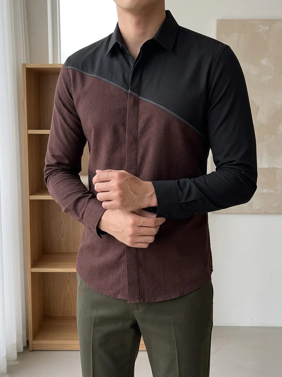 Men's Casual Business Colorblock Diagonal Stitch Slim Fit Shirt