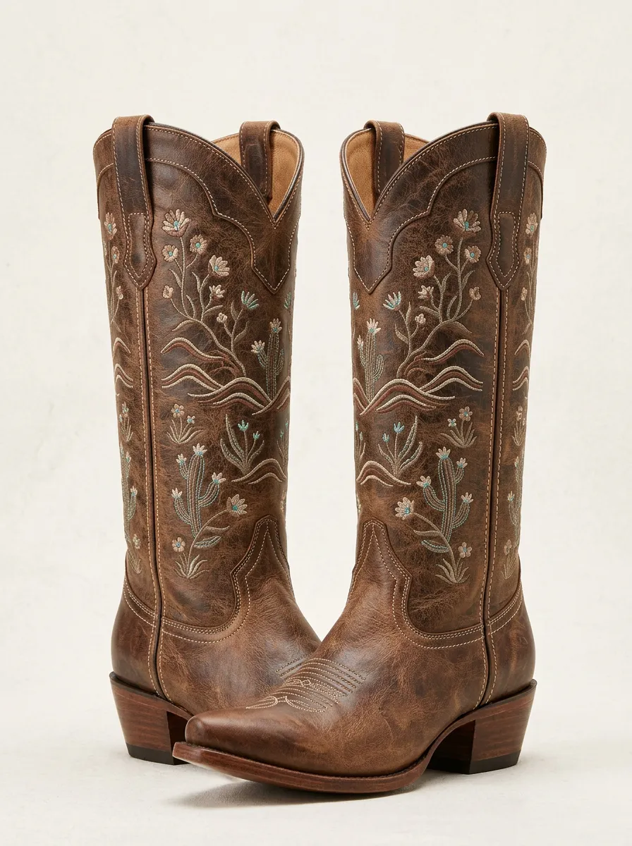Women's Western Cowgirl Cowboy Cactus Floral Embroidery Floral Cowgirl Boots