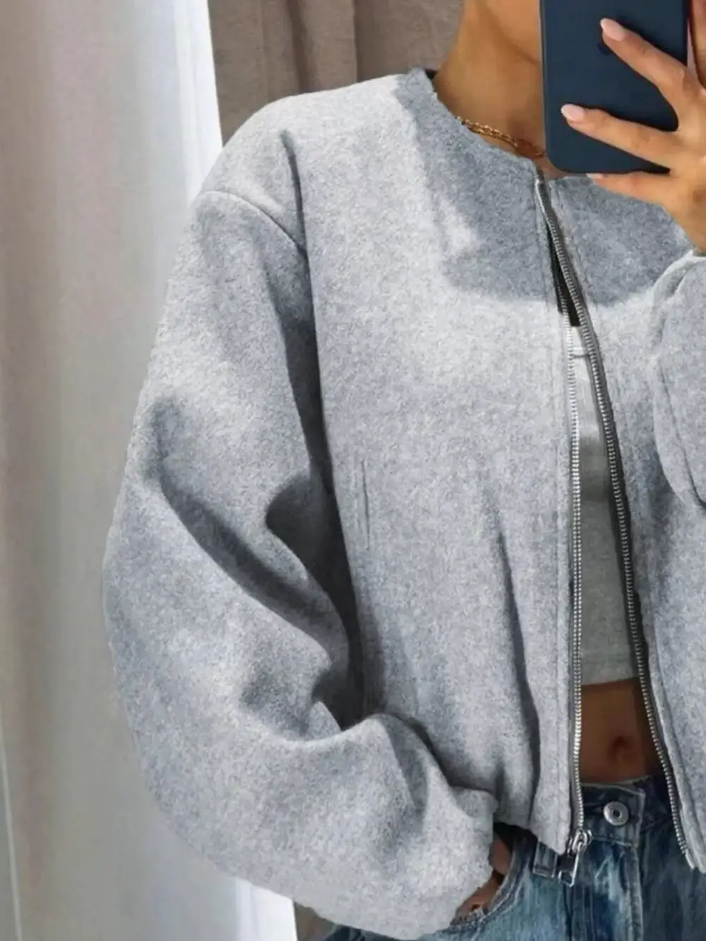 Plus Size Casual Fleece Zip-up Bomber Jacket