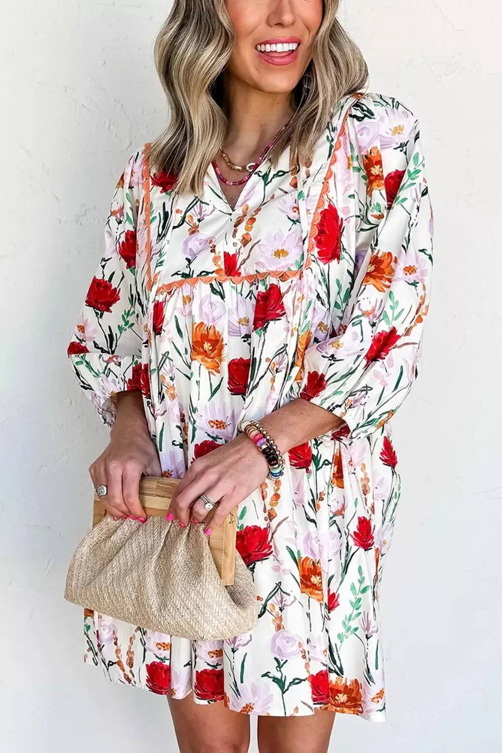 Floral Print Three-Quarter Puff Sleeve Ricrac Trim Mini Dress