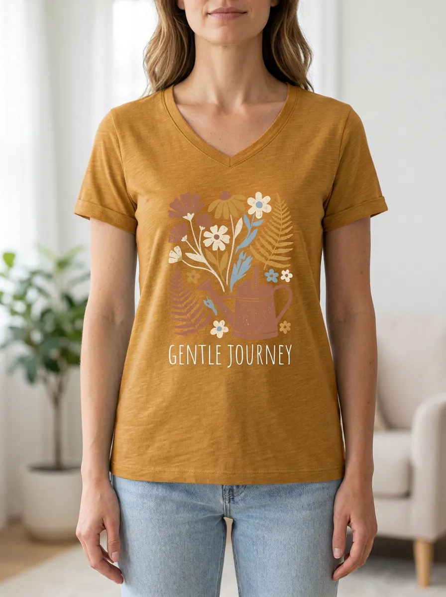 Women's Gardening Gentle Journey Floral Watering Can Print V-Neckline Ribbed Trim T-Shirt