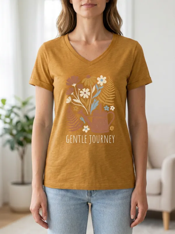 Women's Gardening Gentle Journey Floral Watering Can Print V-Neckline Ribbed Trim T-Shirt