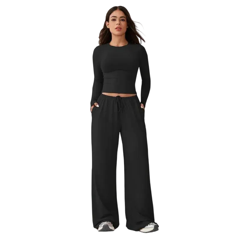 Women's two-piece tracksuit set, long-sleeved crop top and wide-leg pants