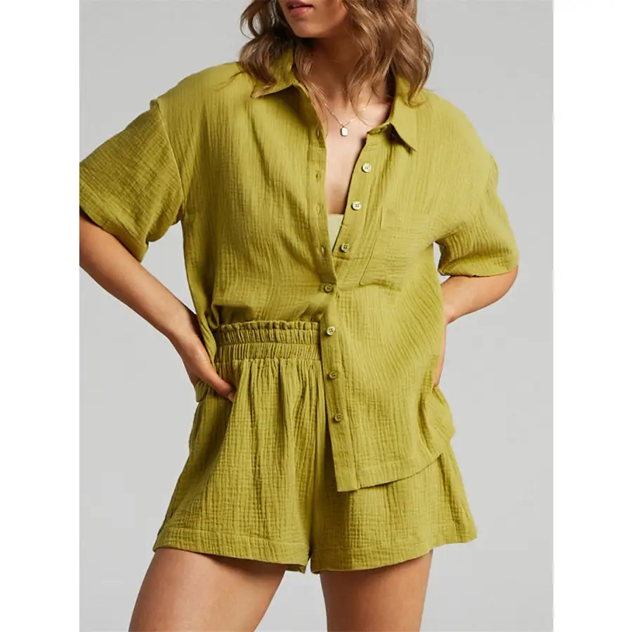 Relaxed Texture Button Up Shirt and Shorts Set