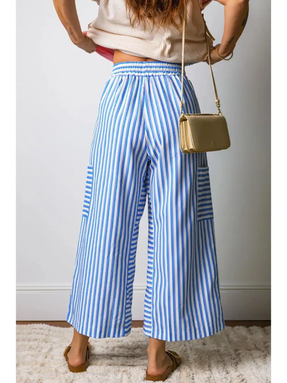 Stripe Drawstring Elastic Waist Patch Pocket Wide Leg Ankle Length Pants