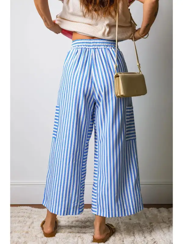 Stripe Drawstring Elastic Waist Patch Pocket Wide Leg Ankle Length Pants