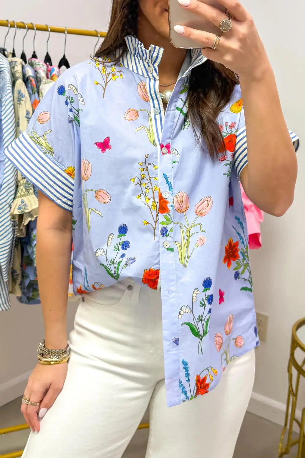 Soft Floral Ruffle Sleeve Casual Shirt