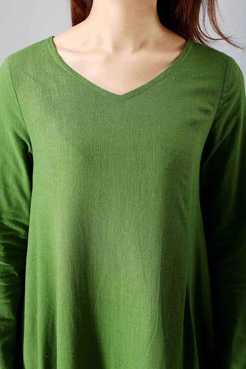 Refined Linen V Neck Long Sleeve Maxi Dress