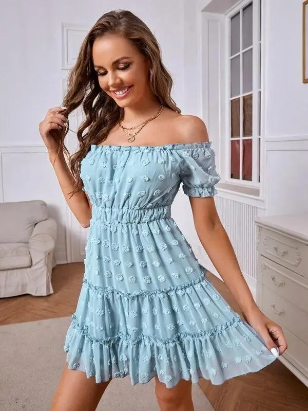 Women Swiss Dot Off Shoulder Dress